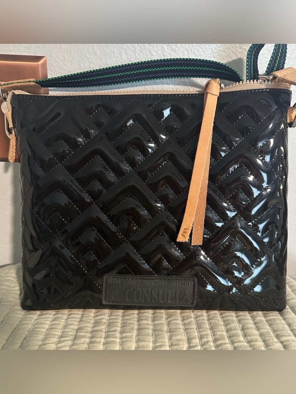 Consuela Inked Downtown Crossbody Black Patent Bah with Tan Tassel - Picture 2 of 4